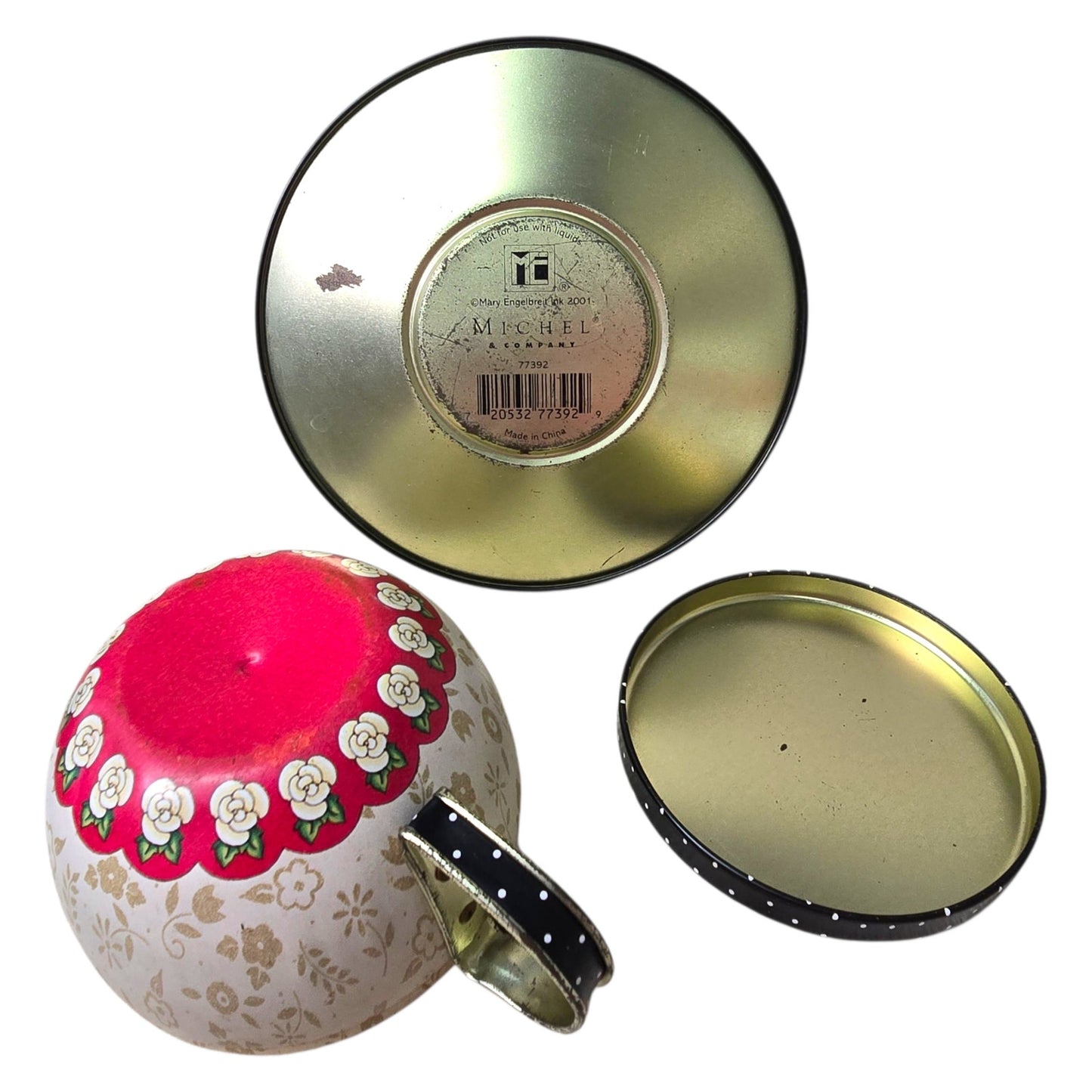 ME Mary Engelbreit  Garden Blossom Lot: Tin Teacup Trinket Holder, Blossom Votive and Photo Album