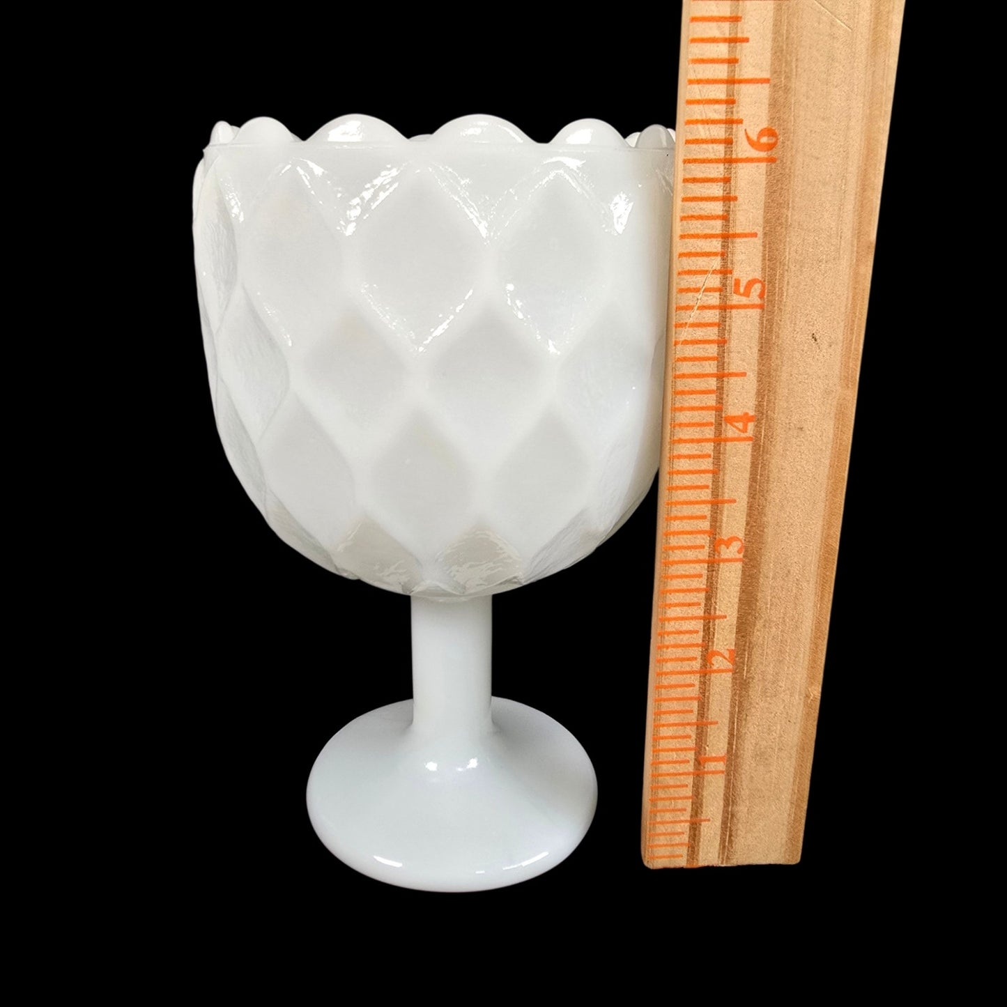 Vintage Milk Glass Pedestal Goblet Diamond Quilt Pattern Vase White Retro