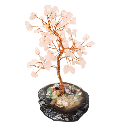 Rose Quartz Wire Tree Crystal Gemstone Bonsai Sculpture Agate Base Decor