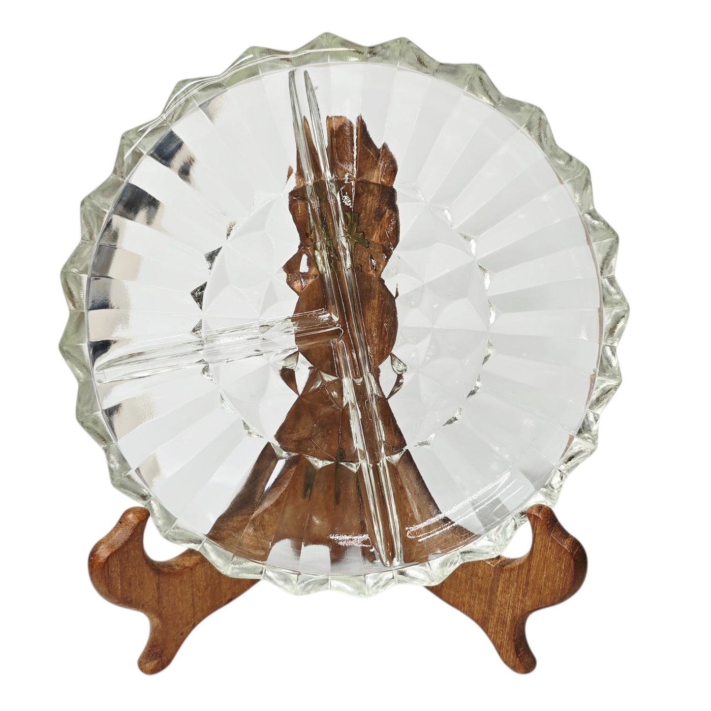 Vintage Pressed Glass Divided Relish Dish Clear Sunburst Pattern AS IS Read