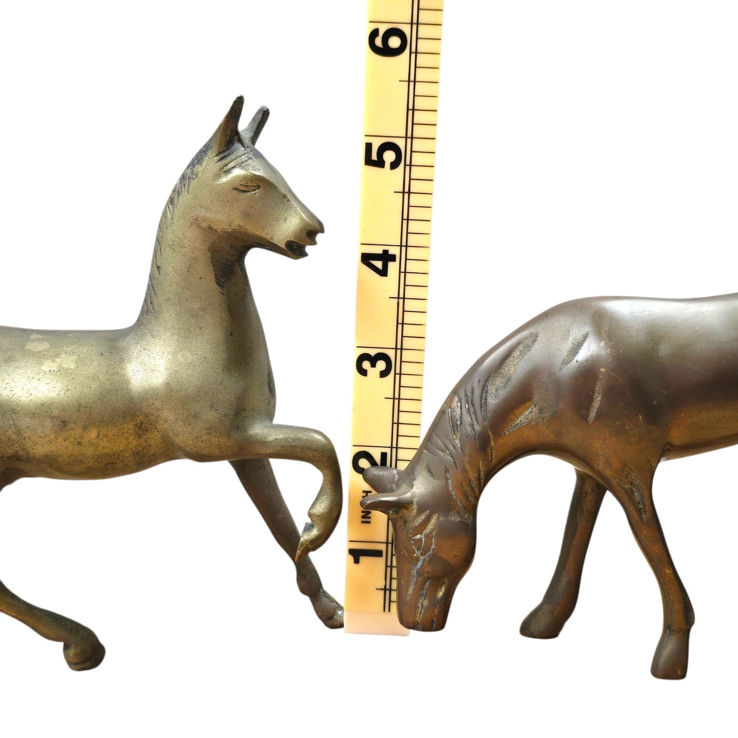 Vintage Brass Horses Prancing / Grazing Brass Horse Figurines, Patina Anatomical