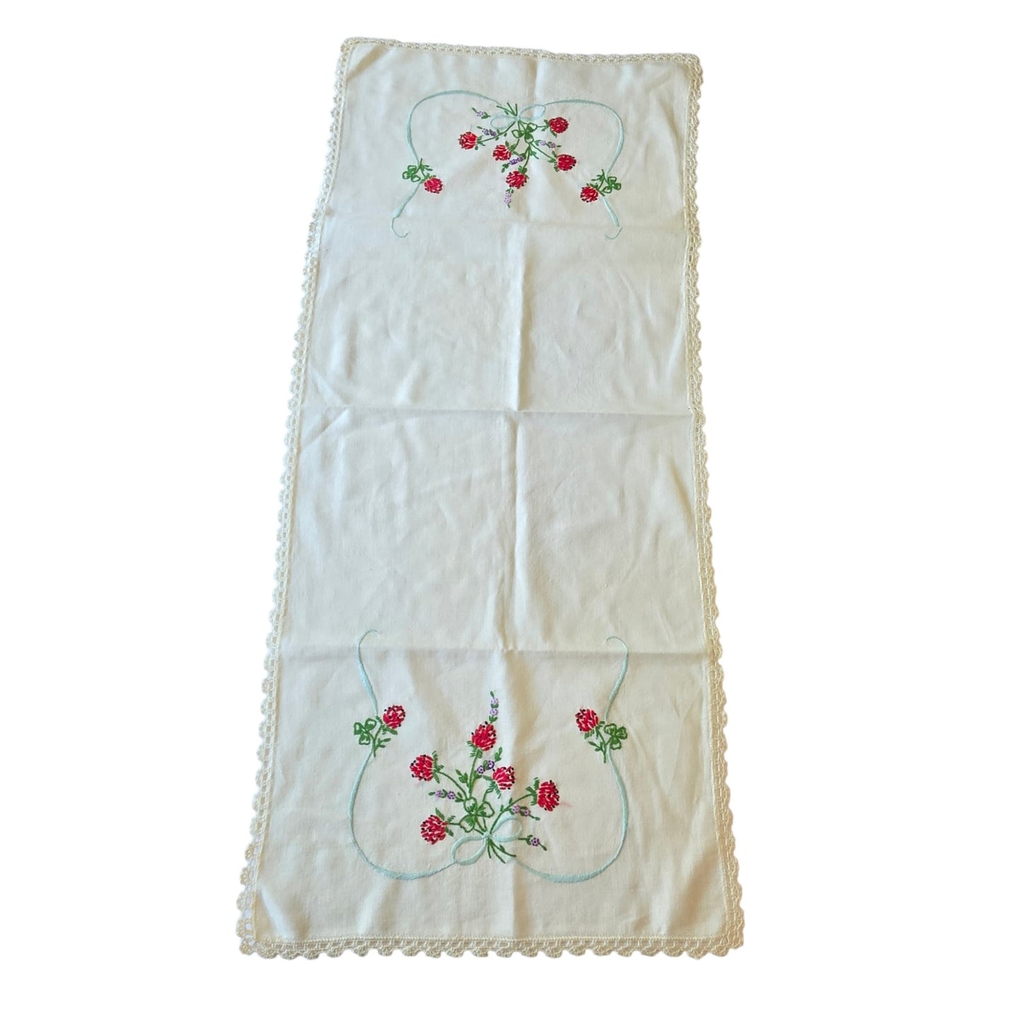 Vintage Berry Blossom Embroidered Linen Table Runner Dresser Scarf Crochet Lace
