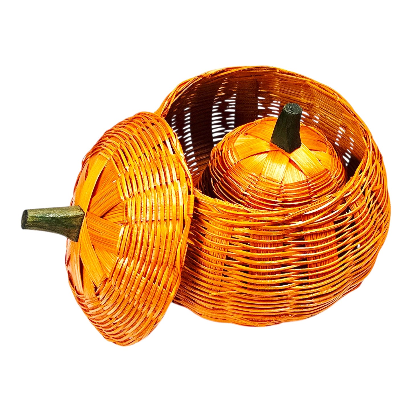Set of 2 Woven Pumpkin Basket Containers with Lids Fall Farmhouse Halloween Nesting