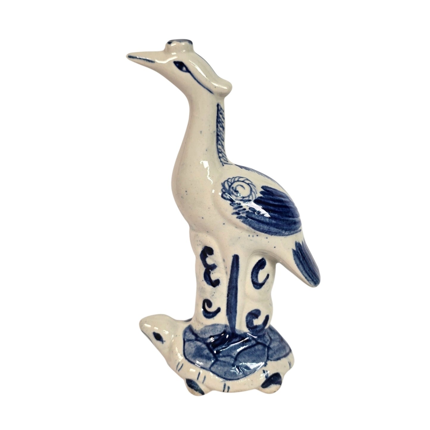 Vintage Blue & White Ceramic Crane on Turtle Figurine Asian Longevity Motif