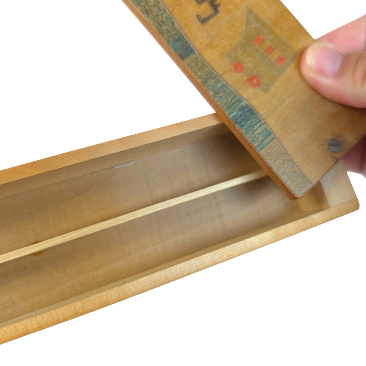 Vintage Wooden Sliding Lid Pencil Box - Hand-Painted Train Motif Mid Century 9"