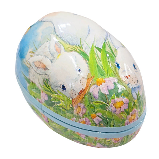 Large Paper Mache Novelty Easter Egg Candy Box with Bunnies, Flowers and Butterflies by See's Candy