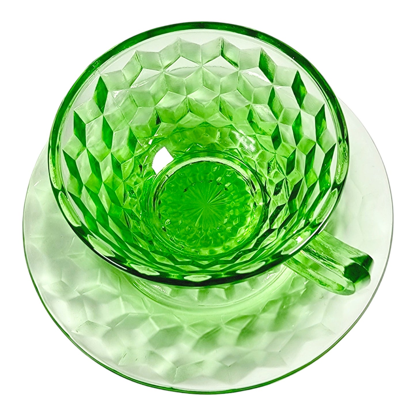 Green Cubist Glass Teacup and Saucer, Jeannette Windsor Vaseline Glass Cup and Saucer