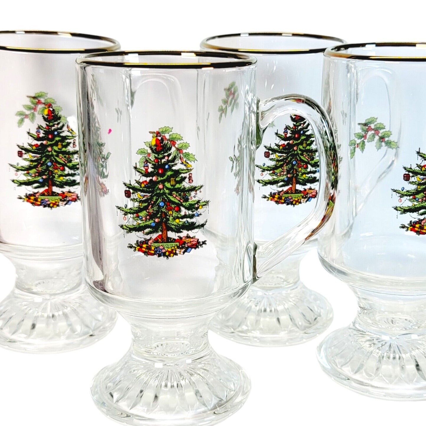 Set of 4 Vintage Spode Christmas Tree Mugs, Spode Irish Coffee Mugs, Gold Rim