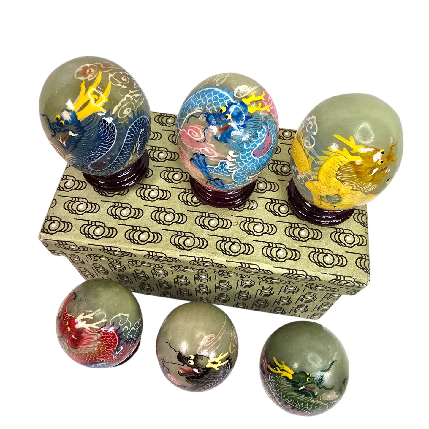 Vtg Set of 6 Chinese Hand Painted Dragon Eggs Green Marble Stone w/ Stands & Box