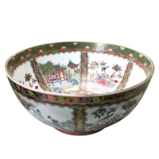 Chinese Famille Rose Medallion Large Decorative  Bowl Figural Porcelain 12"