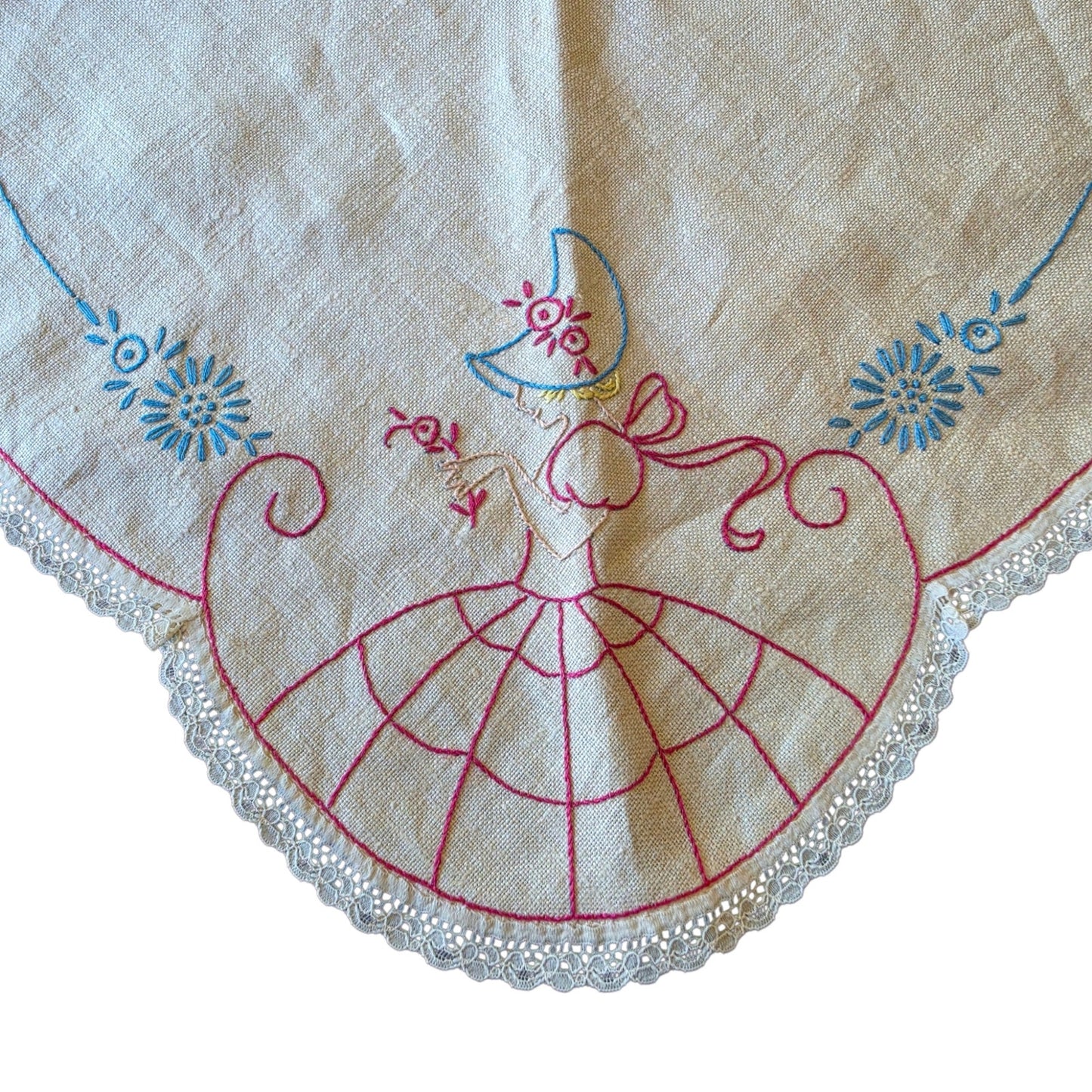 Vintage Crinoline Lady Embroidered Dresser Scarf & Crochet Doily Set Centerpiece
