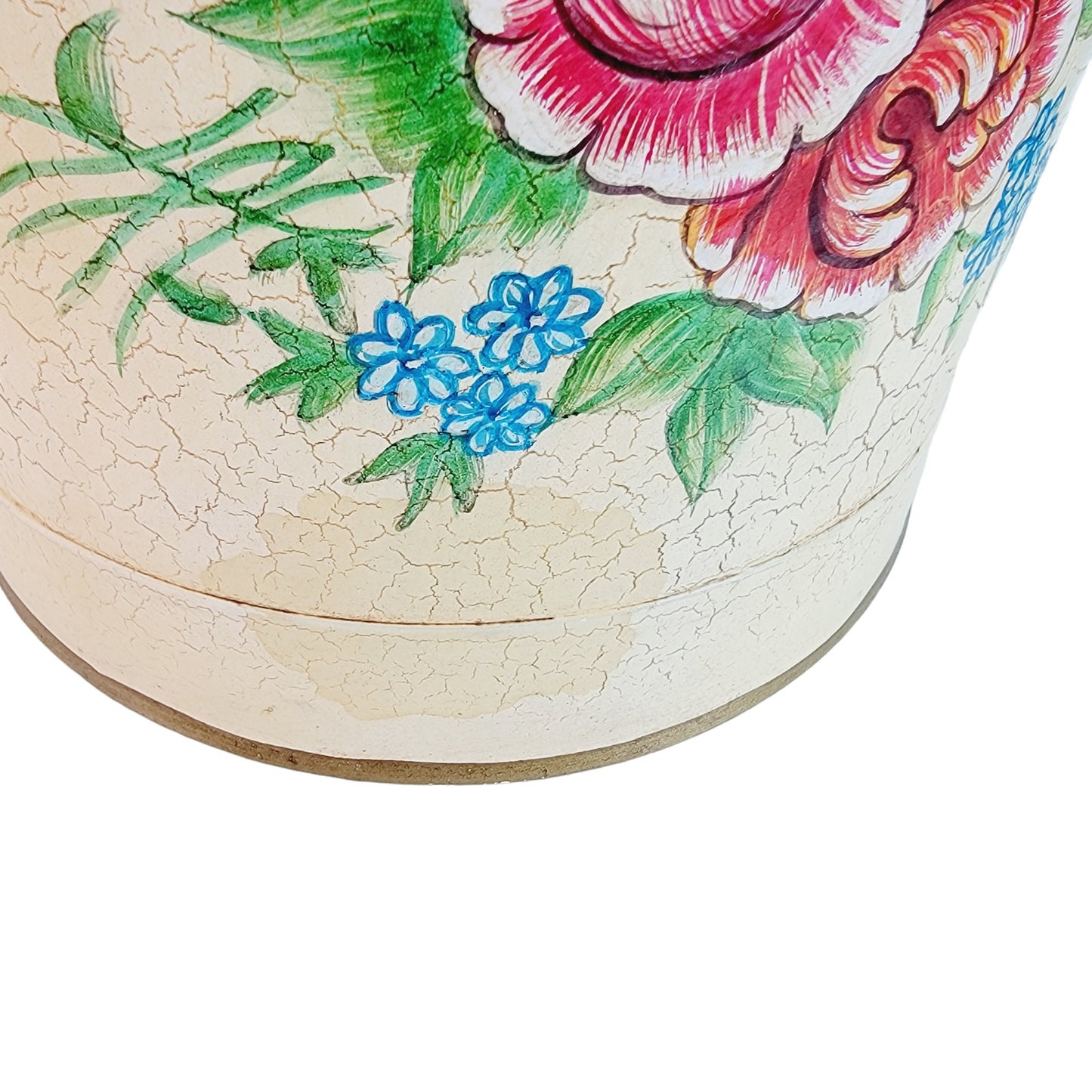 Vintage Anthropologie Floral Metal Waste Basket with Handles 8" H, Yellow with Red and Blue Flowers