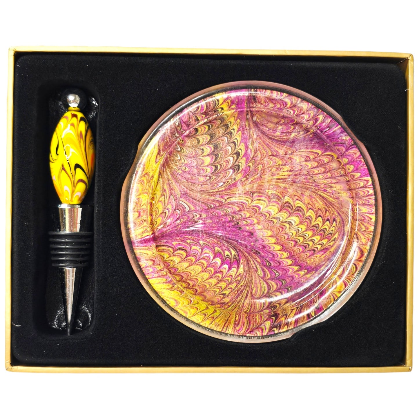 Two's Company "Marbleize" Wine Coaster & Bottle Stopper Set - NIB
