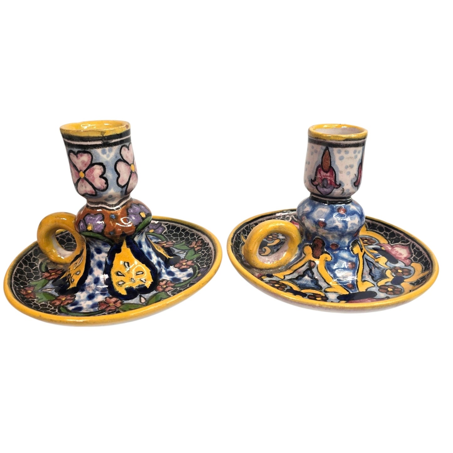 Vtg Casa Rugerio Puebla Mexico Talavera Candlesticks Pair Hand Painted Pottery