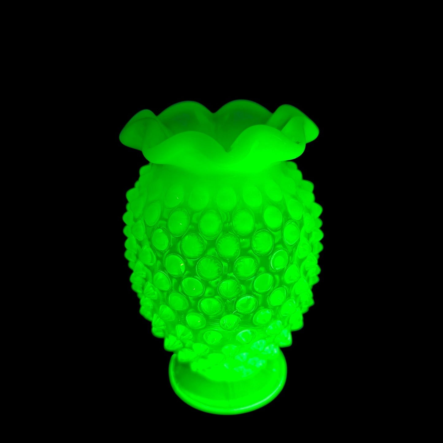 Fenton Green Opalescent Hobnail 3-Pc Set Uranium Vase Basket Dish Glows Green UV