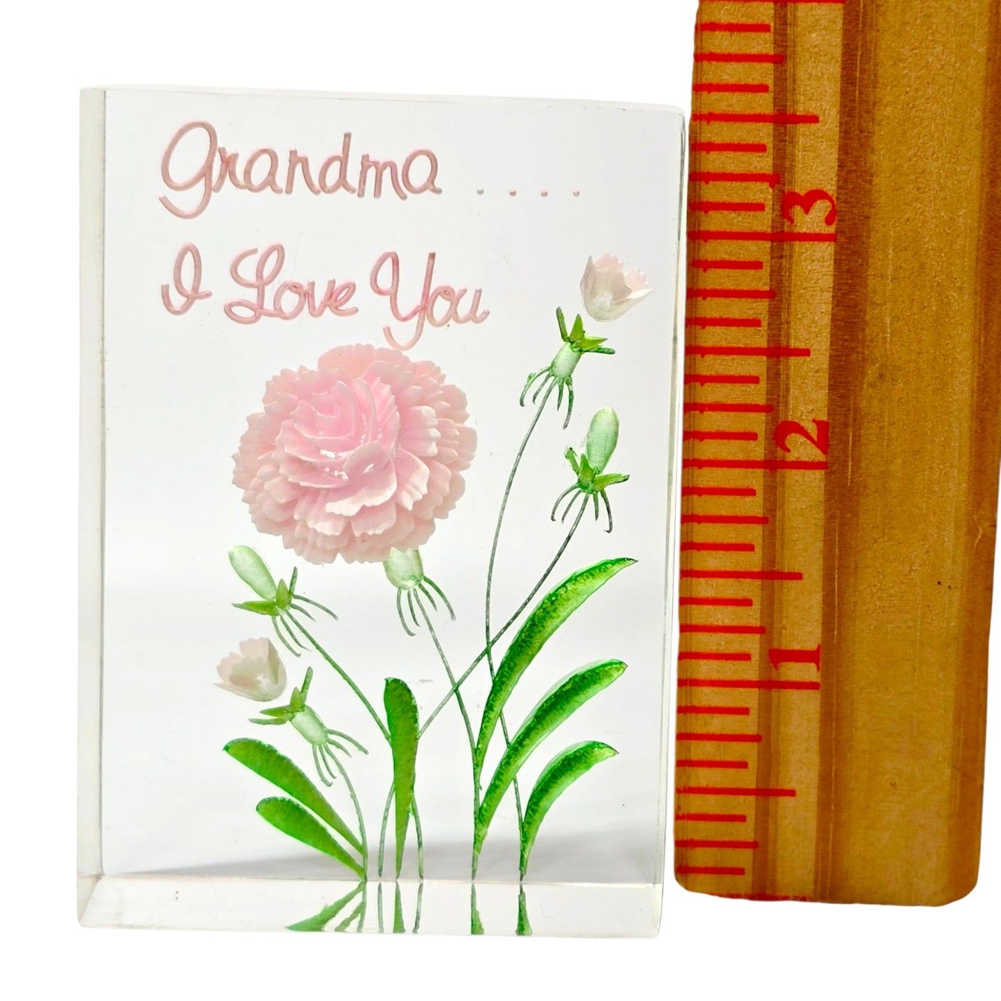 Vintage Lucite Paperweight Pink Carnation Grandma I Love You Flower Acrylic Art nbran