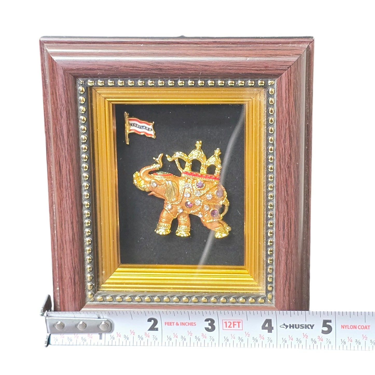 Vtg Thailand Jeweled Enameled Elephant with Rhinestones Shadow Box Framed Wall Decor