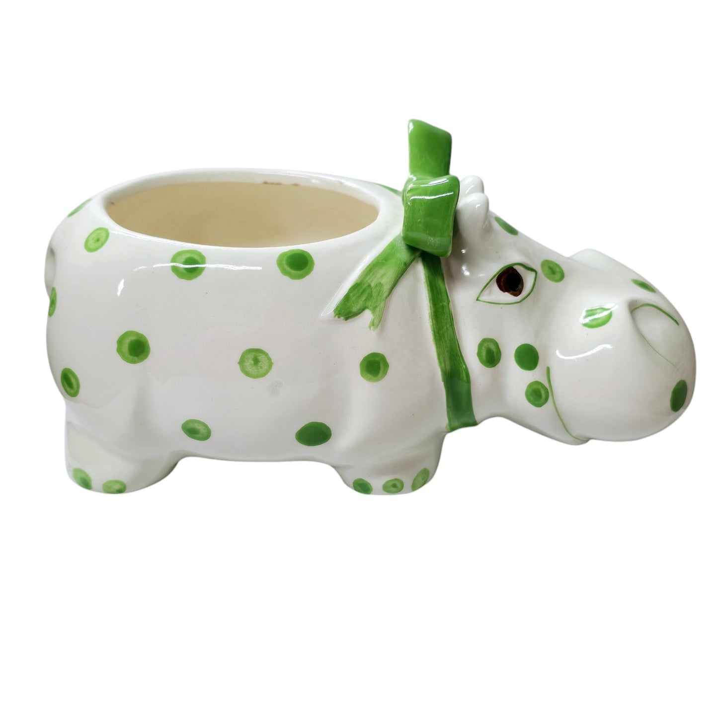 Large Ceramic Green Polkadot Hippo Planter with Green Bow 10" W