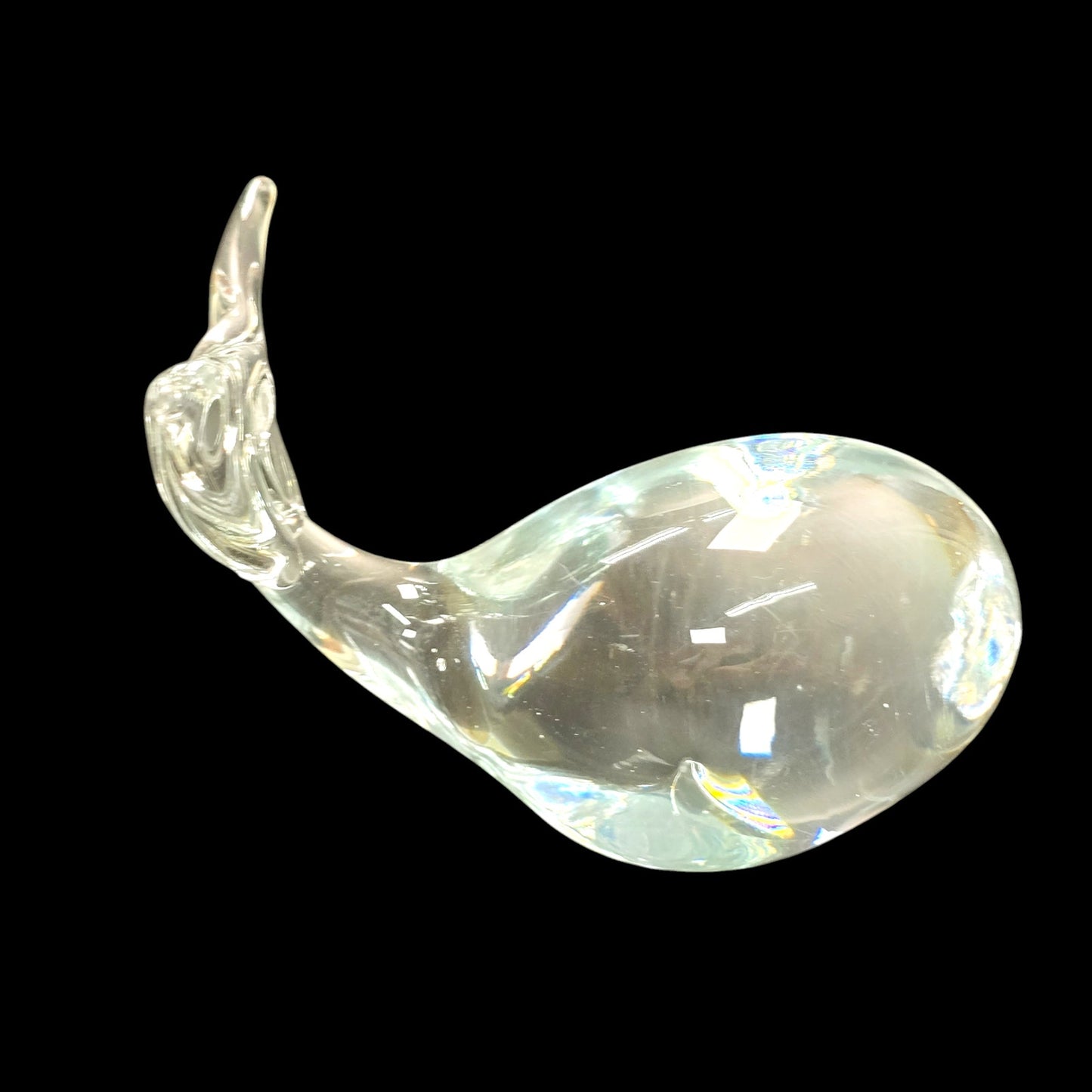 Handblown Clear Art Glass Whale, Polished Bottom, UV Glow