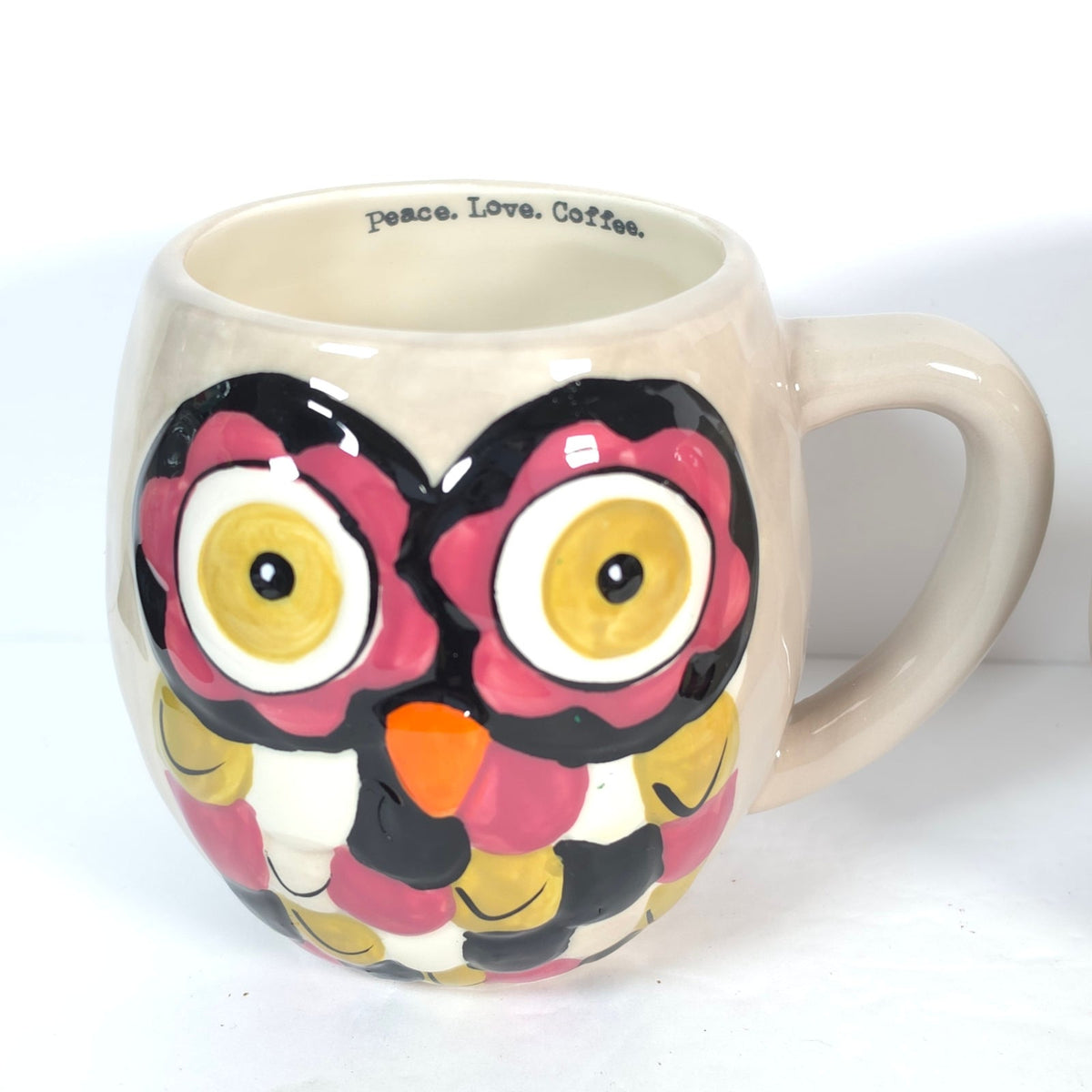 Natural Life Owl Coffee Mugs Set of 2 Peace Love Coffee Cream Colorful