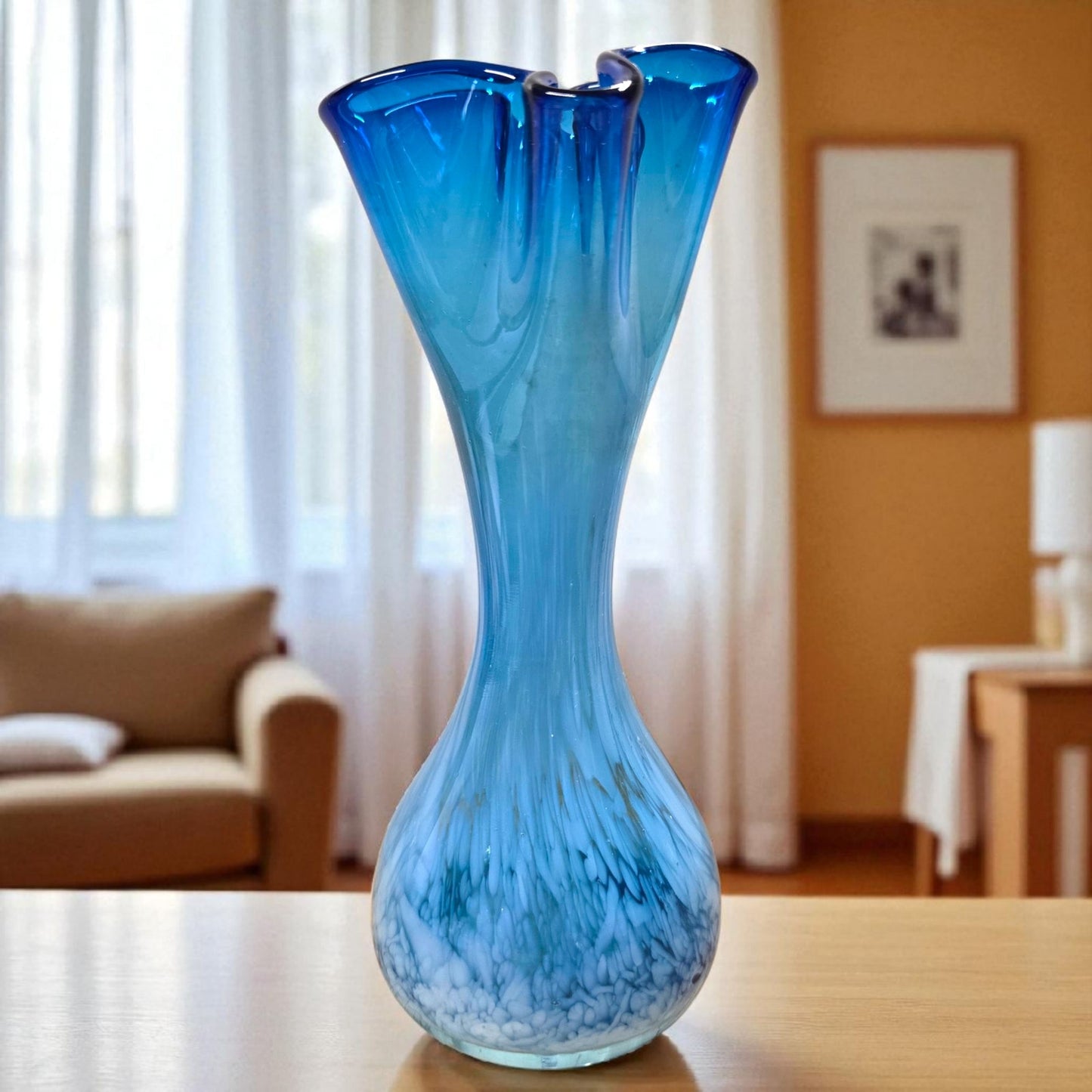 Vintage Blue Hand Blown Art Glass Vase 7" Tall Ruffled Rim Swirl Pattern