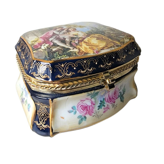 Vintage Porcelain Trinket Box Hand-Painted Courting Coupl3