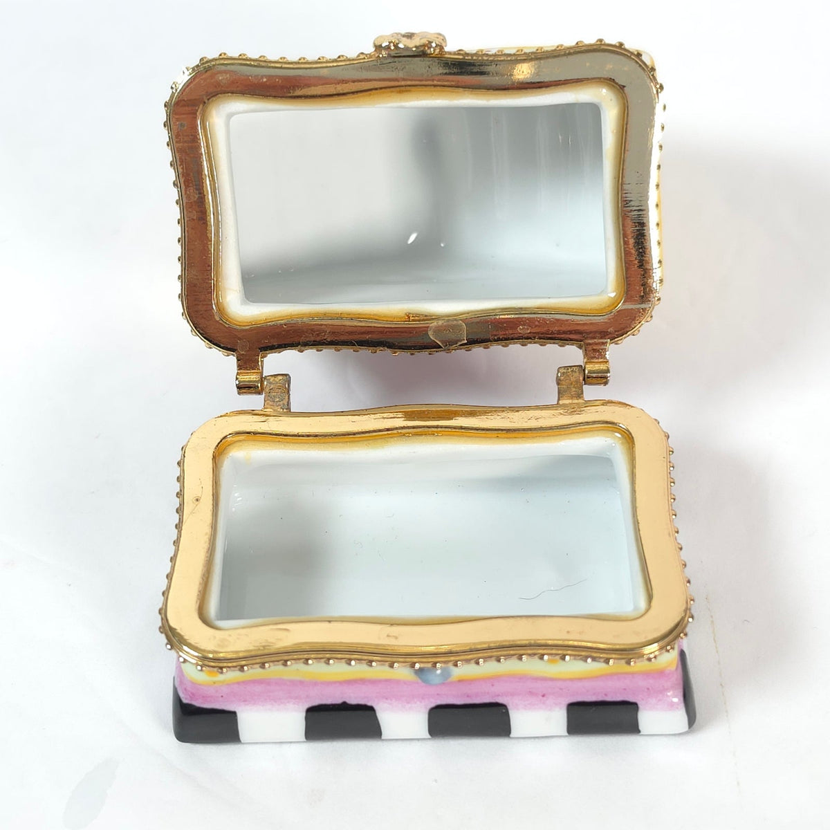 Bluebird Birdhouse Ceramic Hinged Trinket Box Yellow Roof Pink Diamonds
