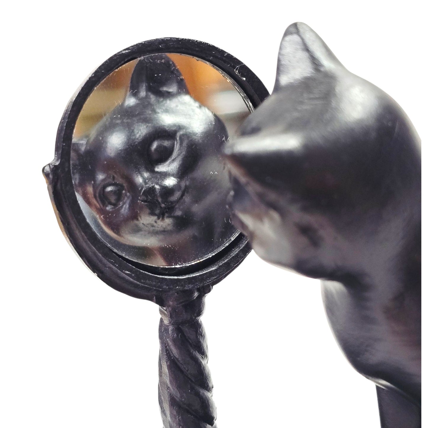 Vtg Black Cat Figurine looking in Vanity Mirror Resin 3.25" Cat Lover Gift Decor