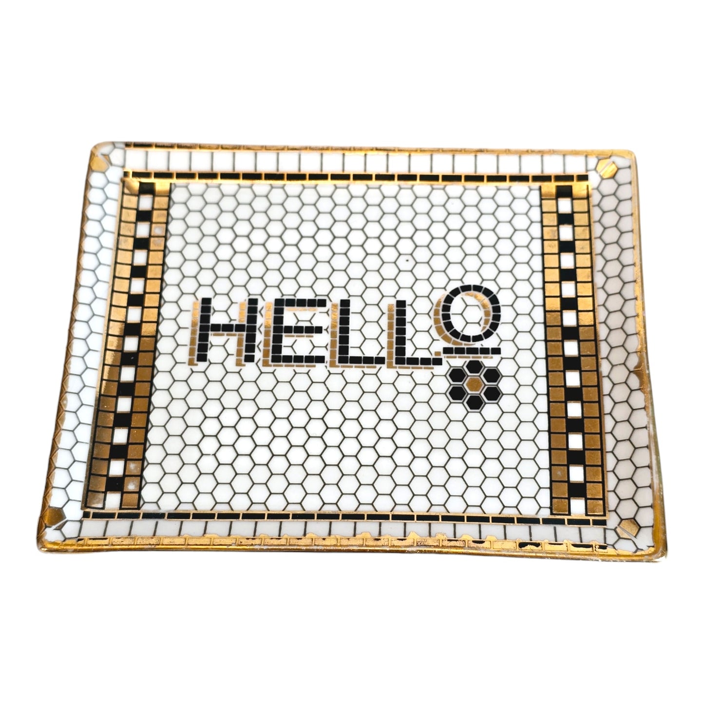 Anthropologie "Hello" Bistro Tile Beehive Pattern Mosaic Trinket Dish Gold Black White, Gold Accent