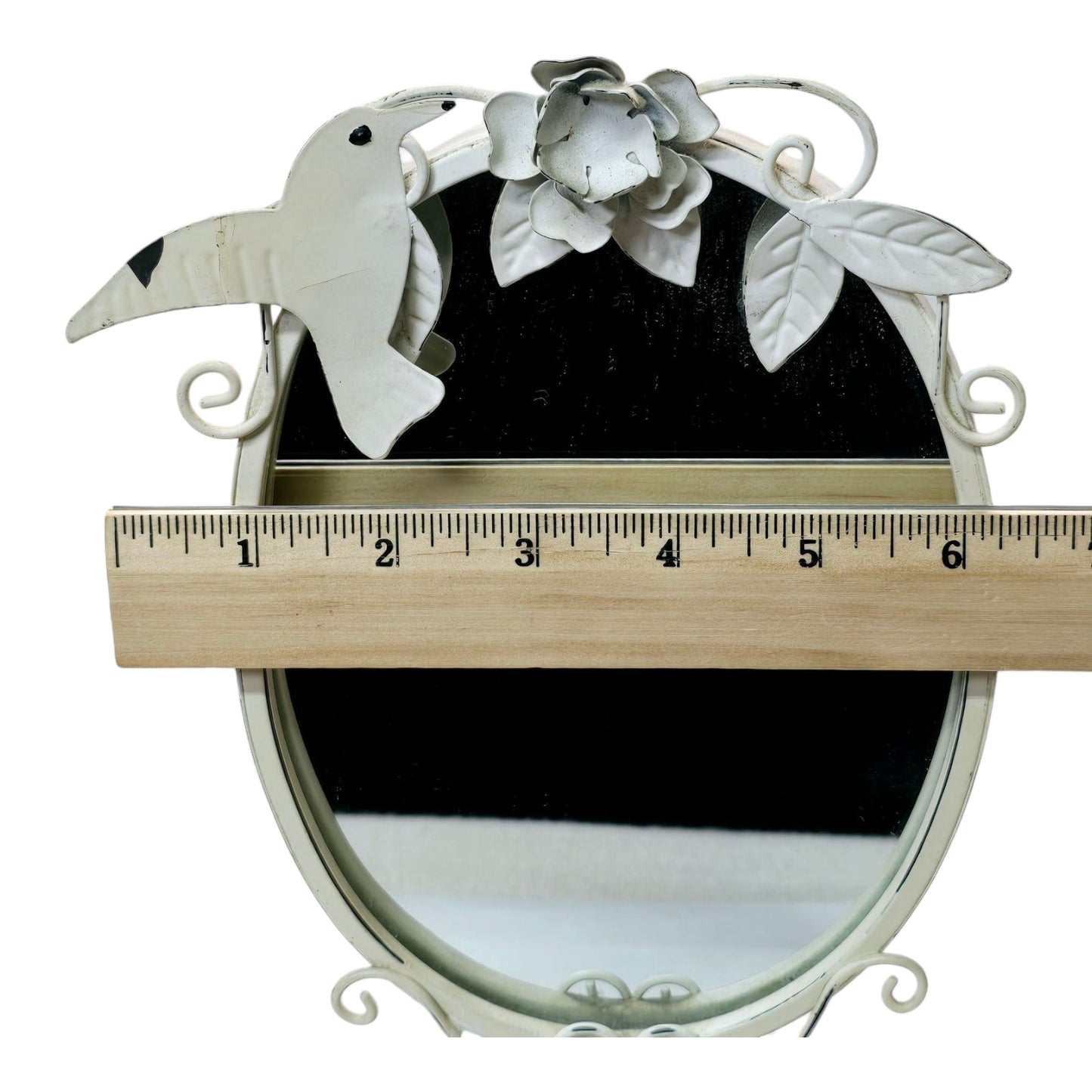 SICURA Italian Freestanding Vanity Mirror Cream Distressed Metal Oval Flower Bird AS IS