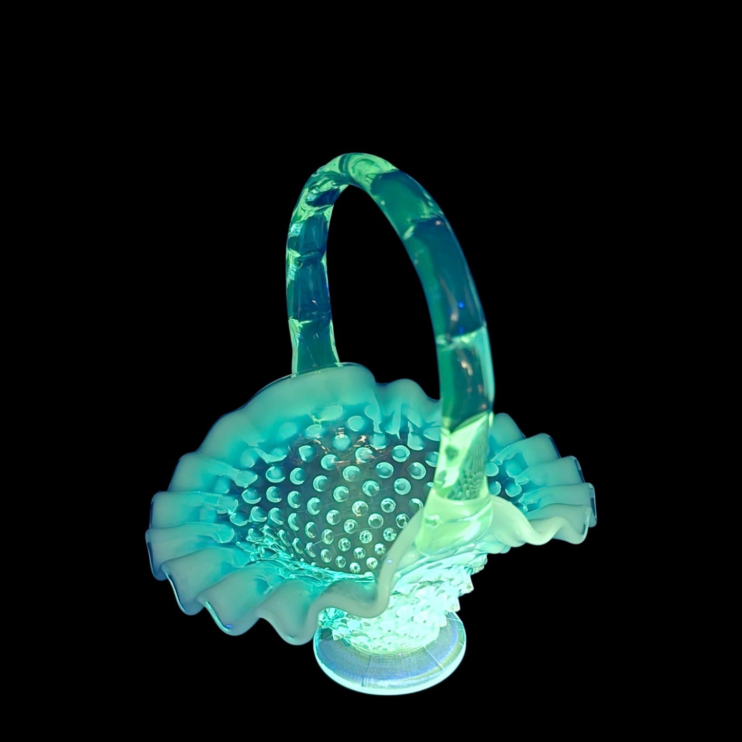 Fenton Blue Opalescent Hobnail Basket Set Uranium Reactive Ruffled Glass Pair
