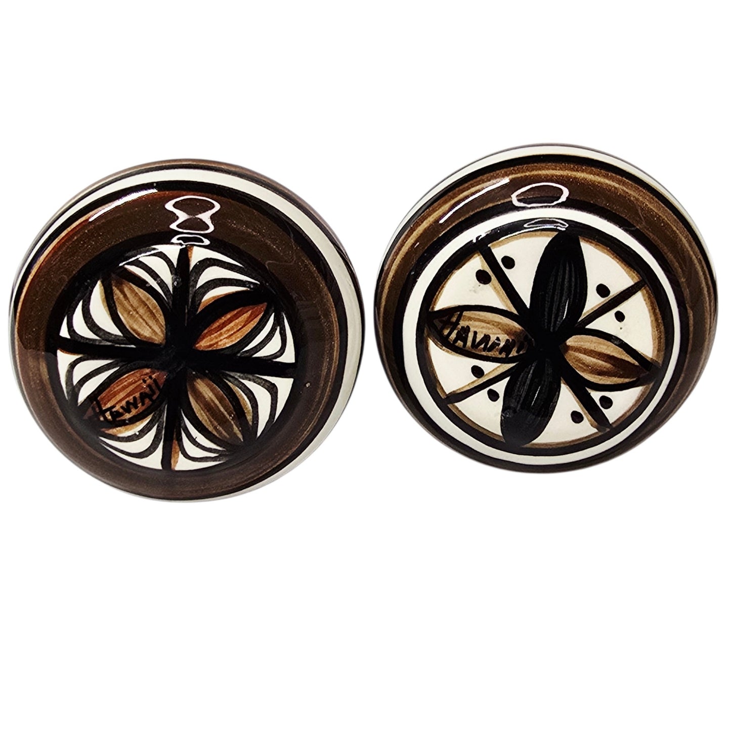 Pohaku Style Hawaiian Pottery Bud Vases Pair Hand Painted Tiki Polynesian