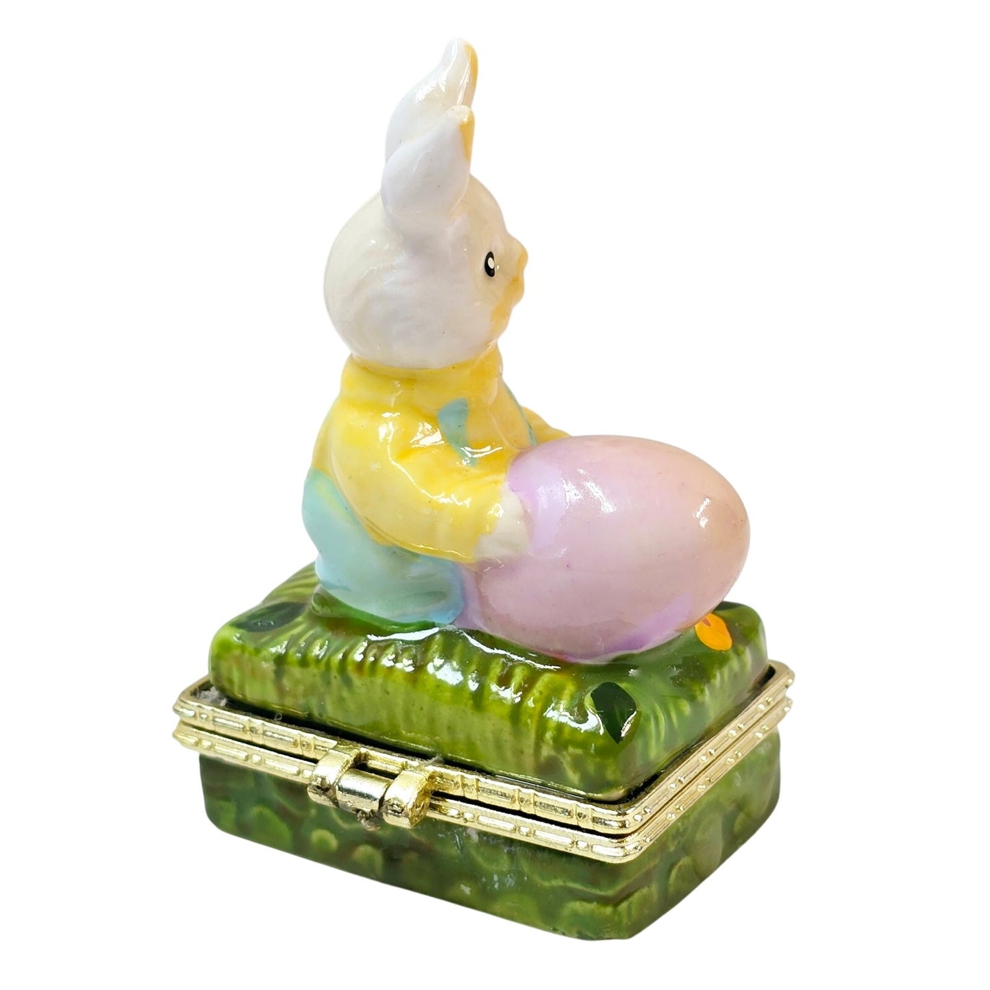 Vintage Easter Bunny Hinged Trinket Box, Ceramic, Rabbit holding Eggs, Handpainted