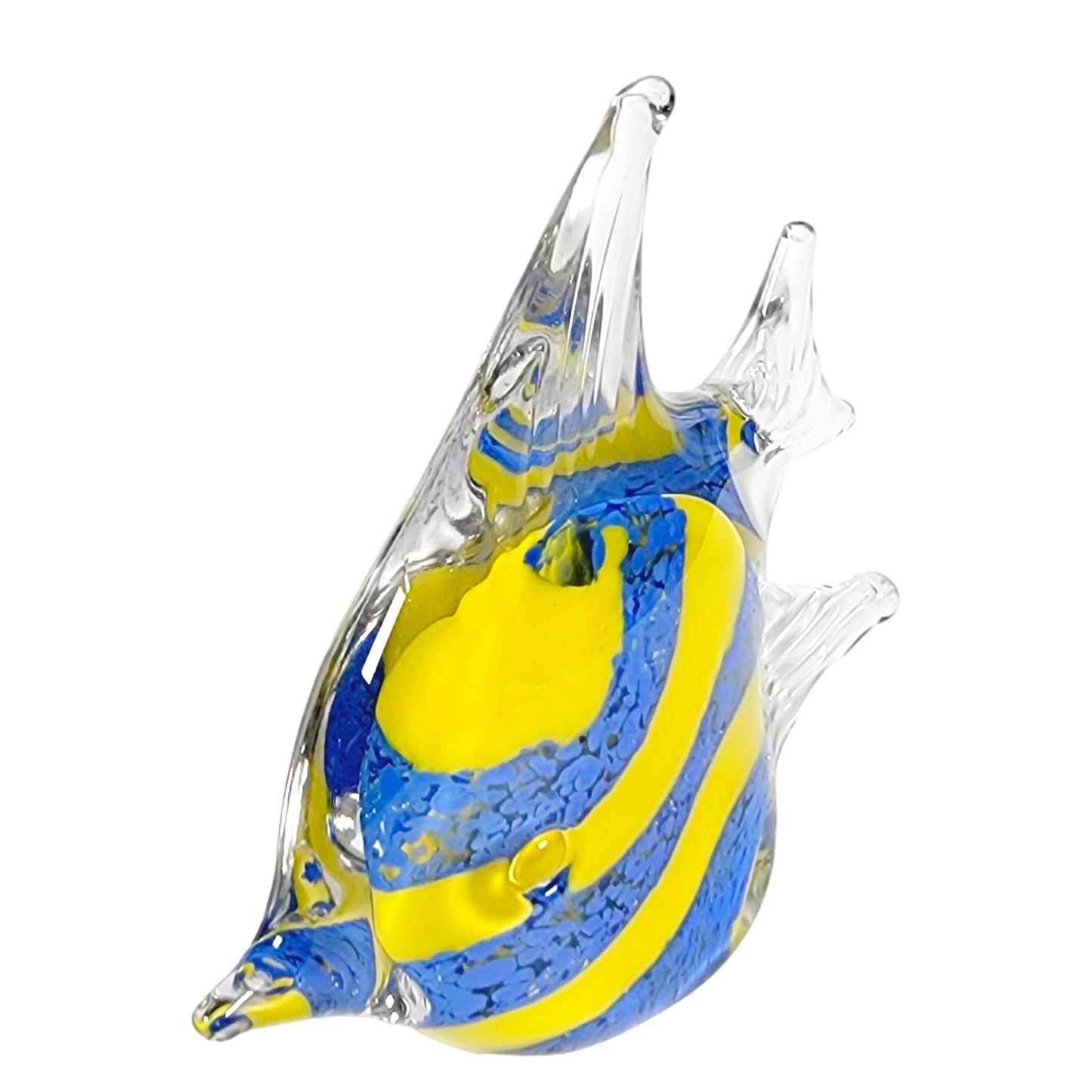 Hand Blown Tropical Fish Figurine Paperweight Blue Yellow Striped 5" Art Glass