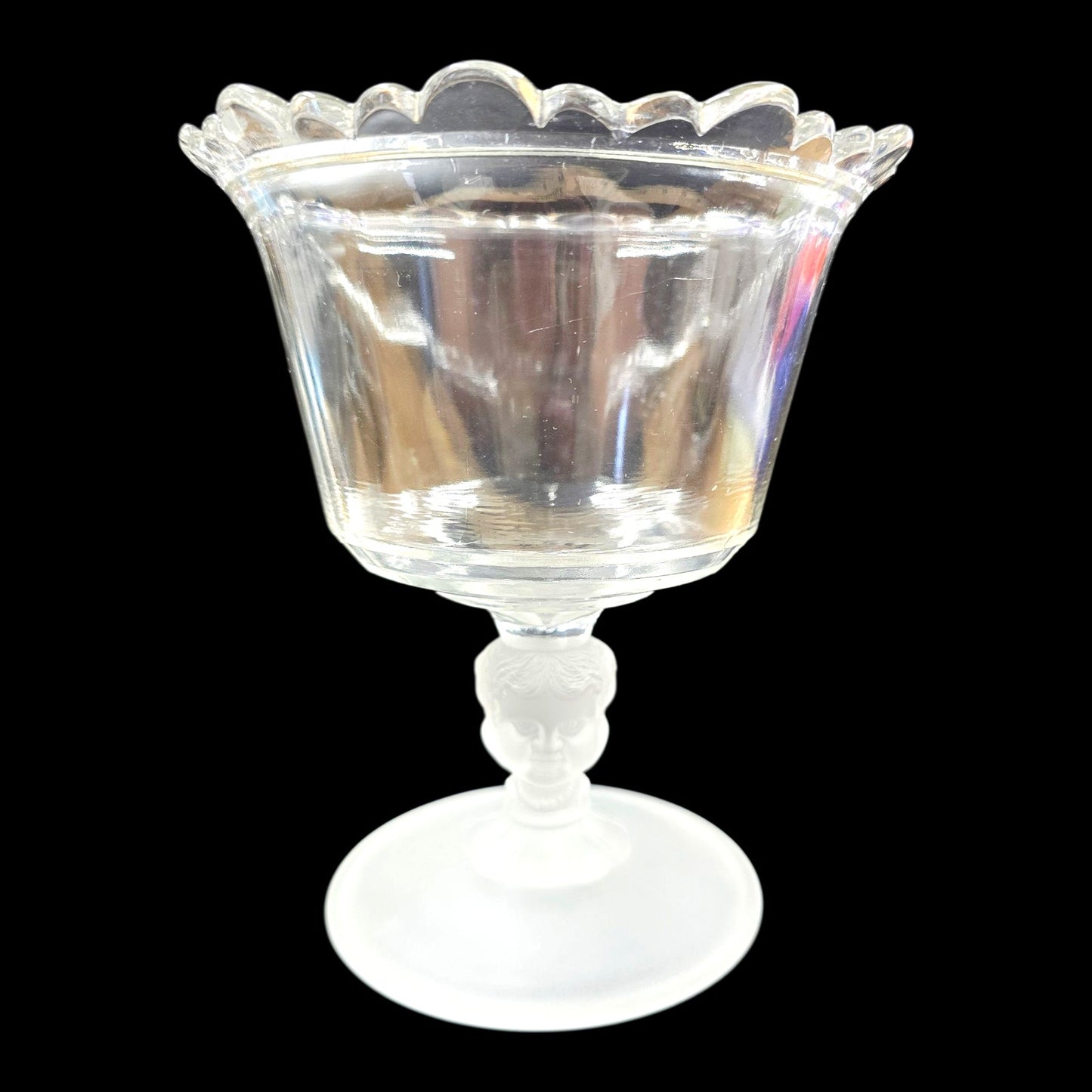 "Three Faces" pattern Frosted Glass Pedestal Compote late 1800's Early 1900's