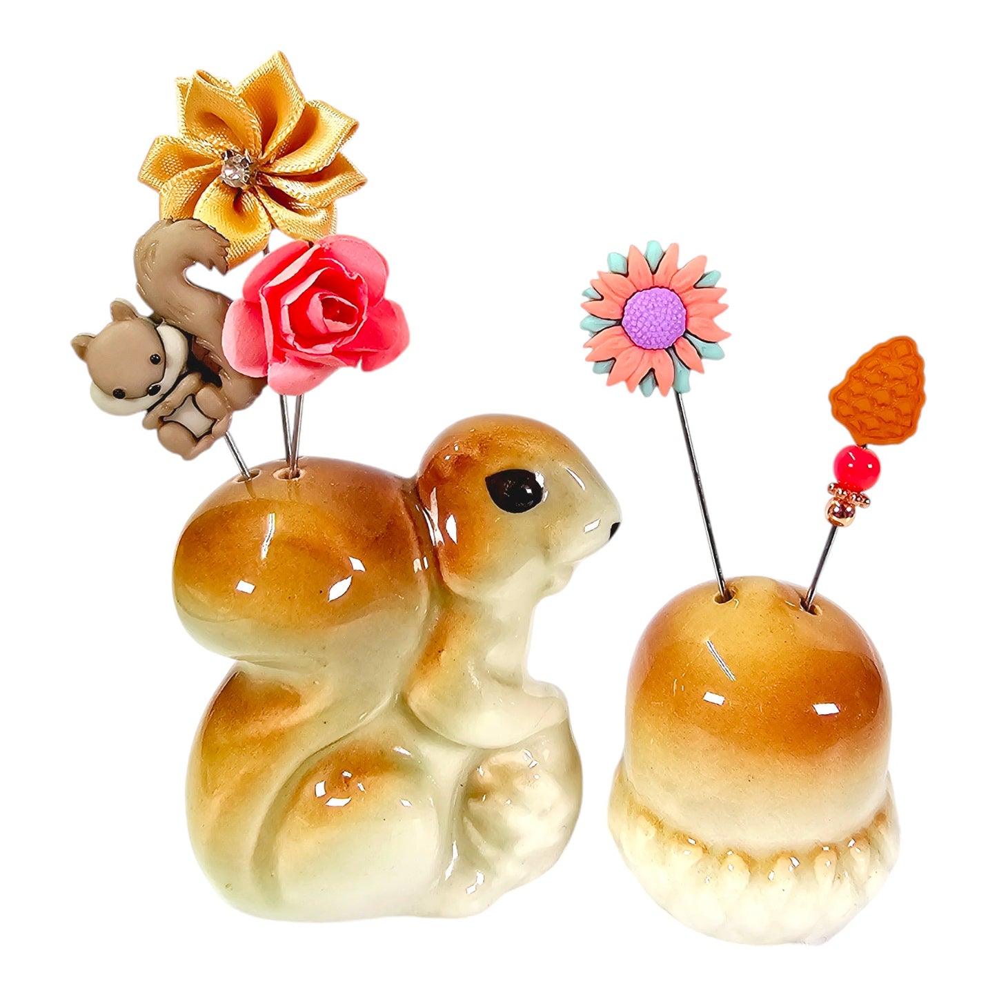 Vintage Squirrel Salt & Peppers Shaker Stick Pin Displays, 5 Handmade Stick Pins, 3.5" & 3.25" H with Pins