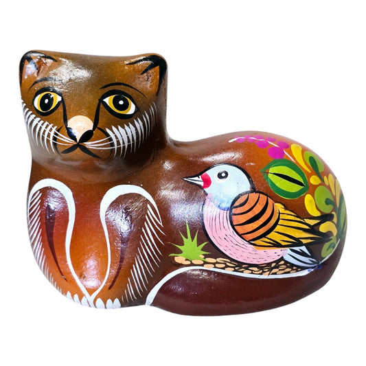 Regin Tonala Mexico Folk Art Cat Figurine with Handpainted Bird