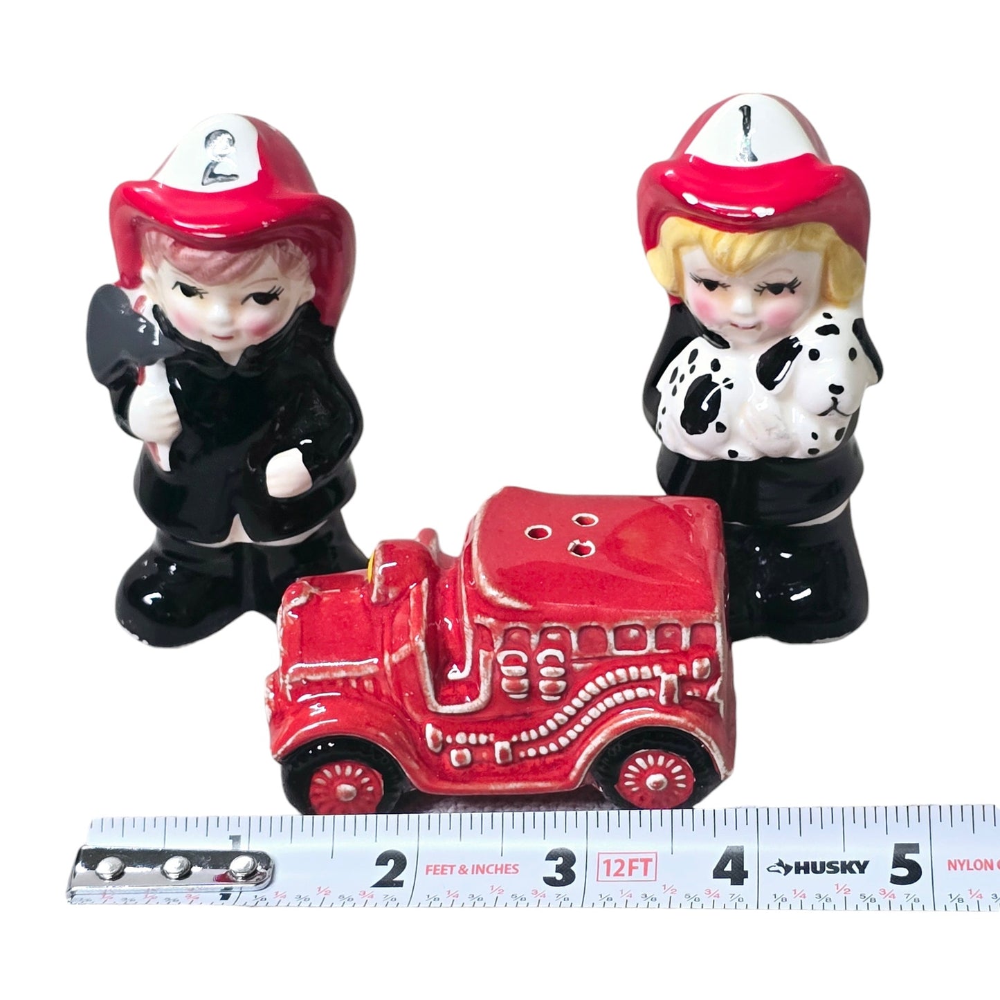 1980s Junior Fireman Children and Fire Engine Salt & Pepper 3-Pc Set Shakers