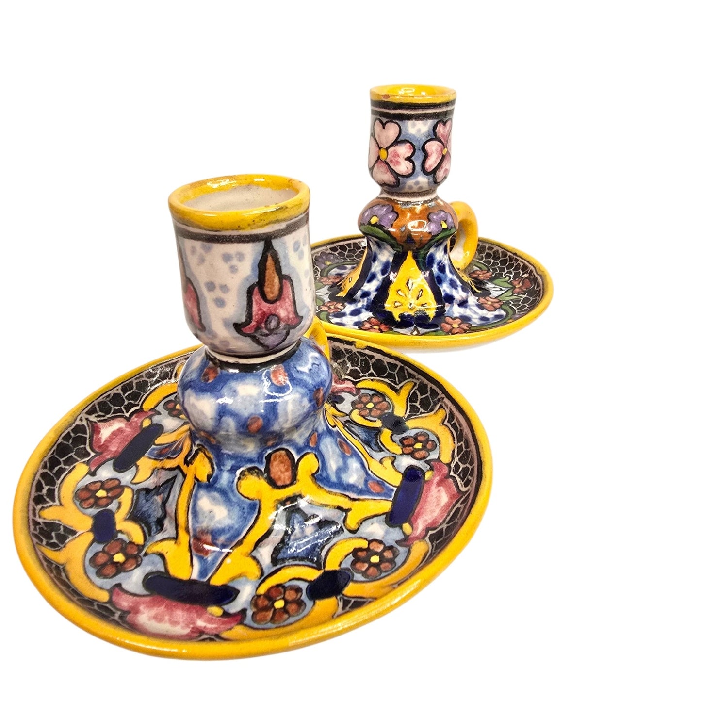 Vtg Casa Rugerio Puebla Mexico Talavera Candlesticks Pair Hand Painted Pottery