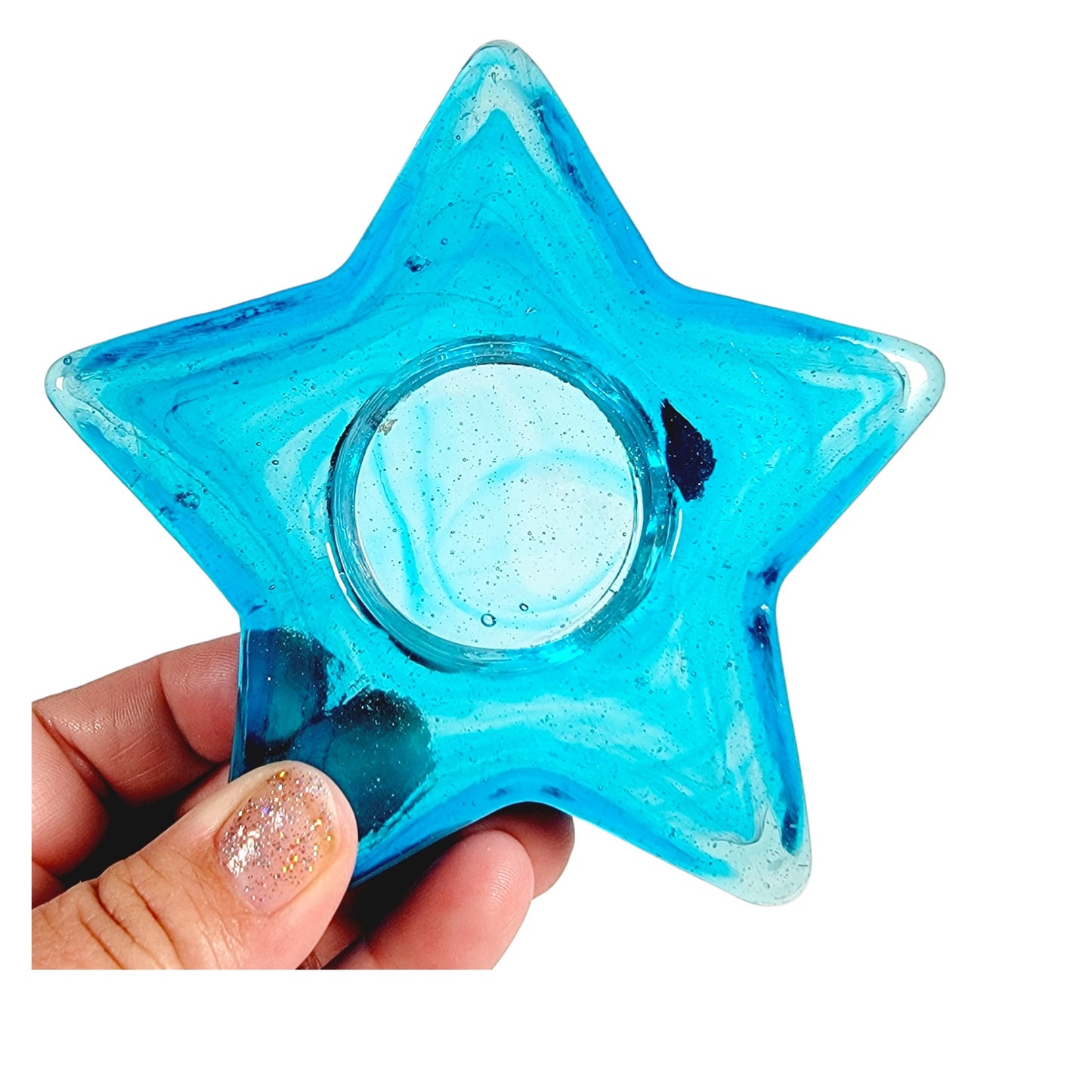 Blue Recycled Glass Star Votive Tealight Holder, Teal Glass Star, Art Glass Star Paperweight