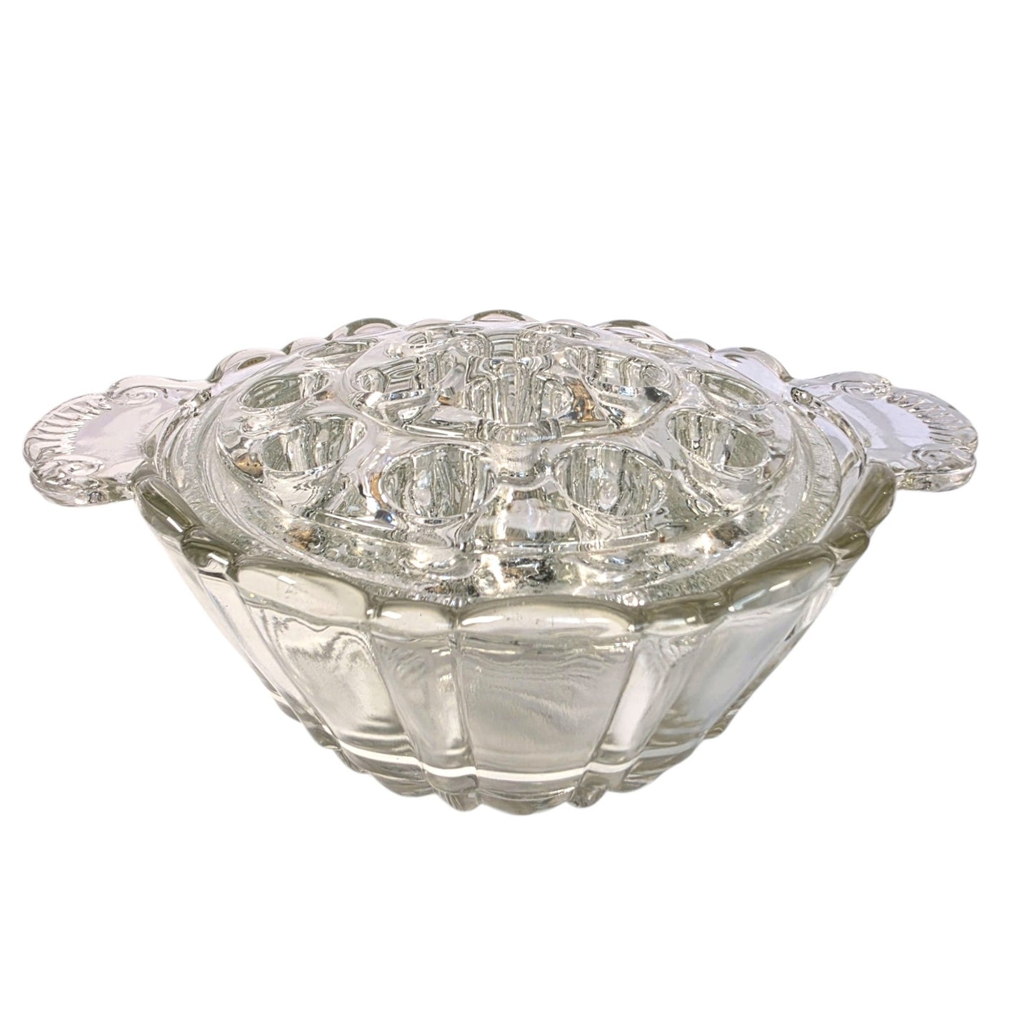 Vintage Clear Pressed Glass Flower Frog Bowl 16-Hole Handle Vase Set
