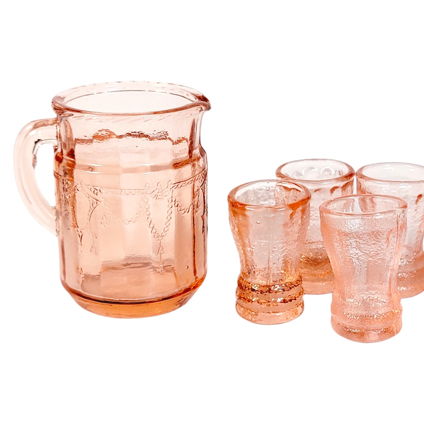 Tiny Vintage Pink Depression Glass Mini Pitcher with 4 Mini Water Tumblers, Doll Tea Party