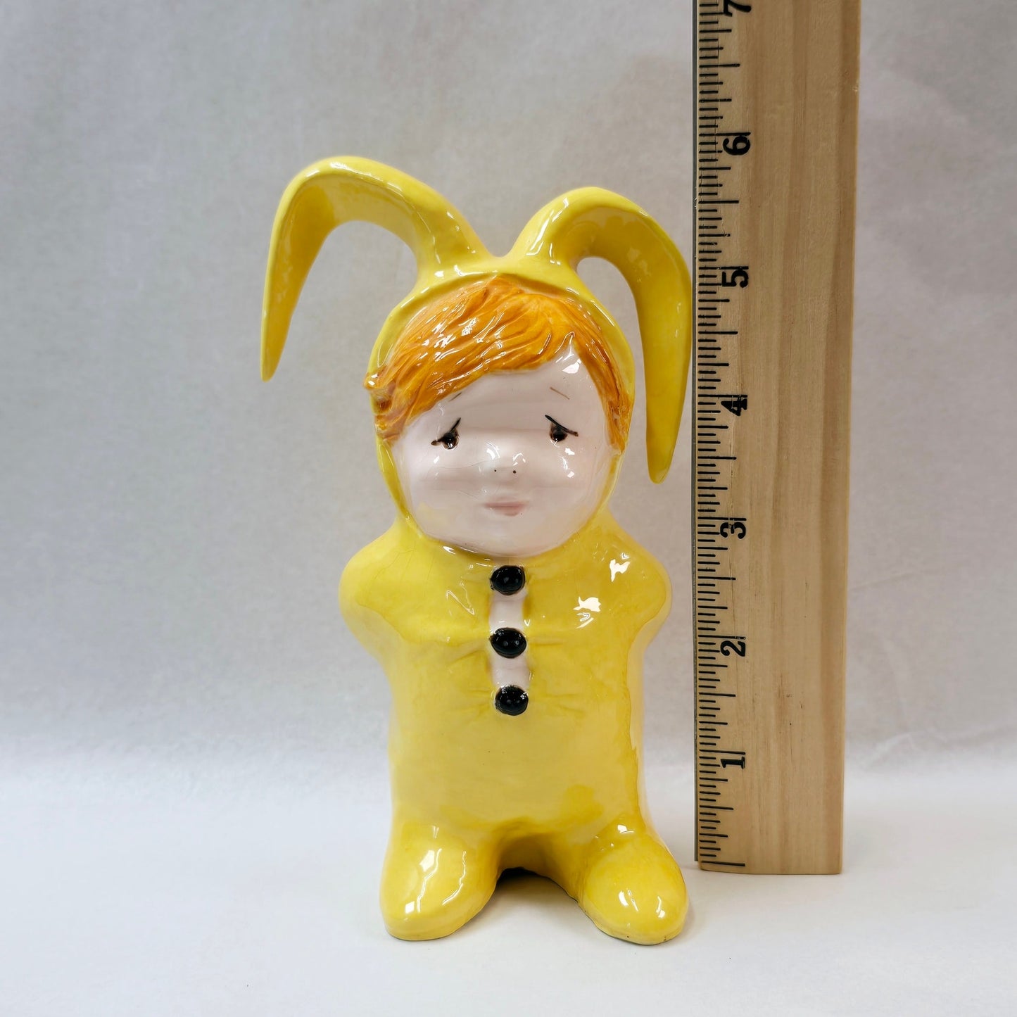 Vintage Ceramic Handpainted Sad Child in Easter Bunny Suit, Yellow Nightmare Costume Signed 1985