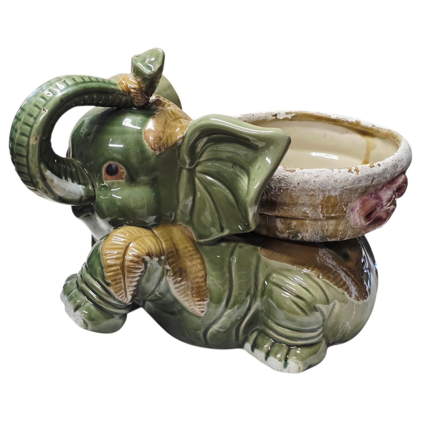 (Reserved for Customer) Large Vtg Green Ceramic Elephant Planter Raised Trunk Pink Bow 11" Japan