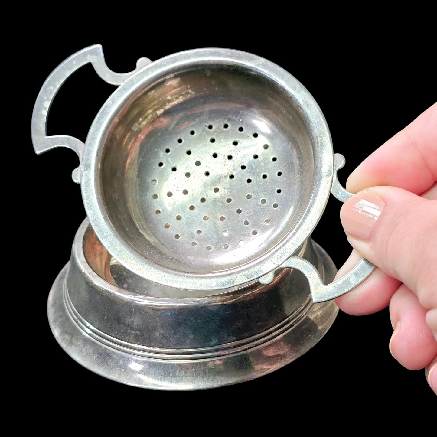 Double Handle Tea Strainer with Dish, Lemon Strainer, Vintage Barware