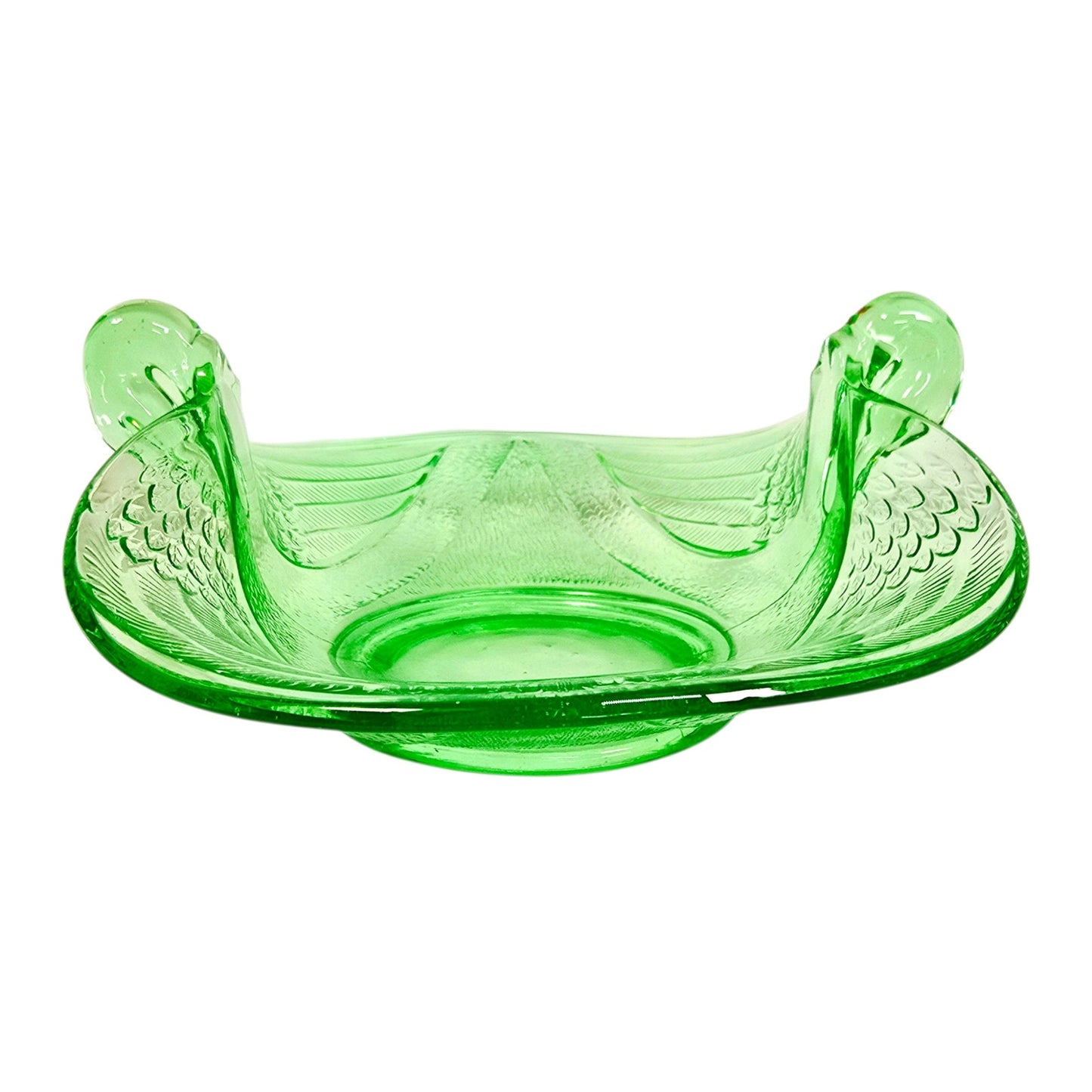 Fenton Dugan Uranium Glass Seagull Dish Swan Double Handle Green Glow Vintage