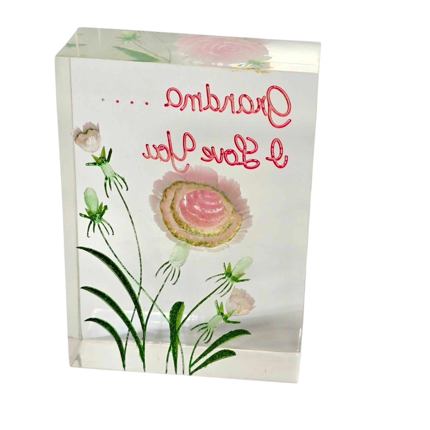 Vintage Lucite Paperweight Pink Carnation Grandma I Love You Flower Acrylic Art nbran