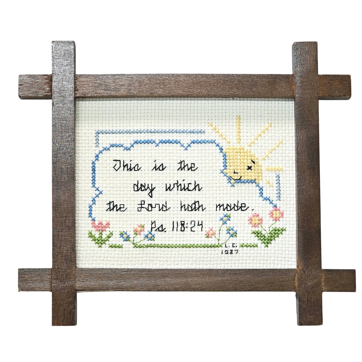 Vtg Framed Cross-Stich Embroidery in Wooden Frame with Bible Verse Ps 118:24