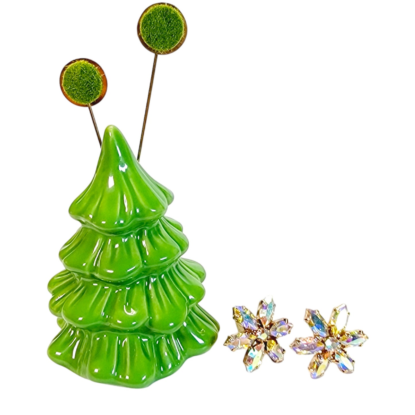 Christmas Tree Shaker Display with 2 Display Pins holding a Vintage Earring Set