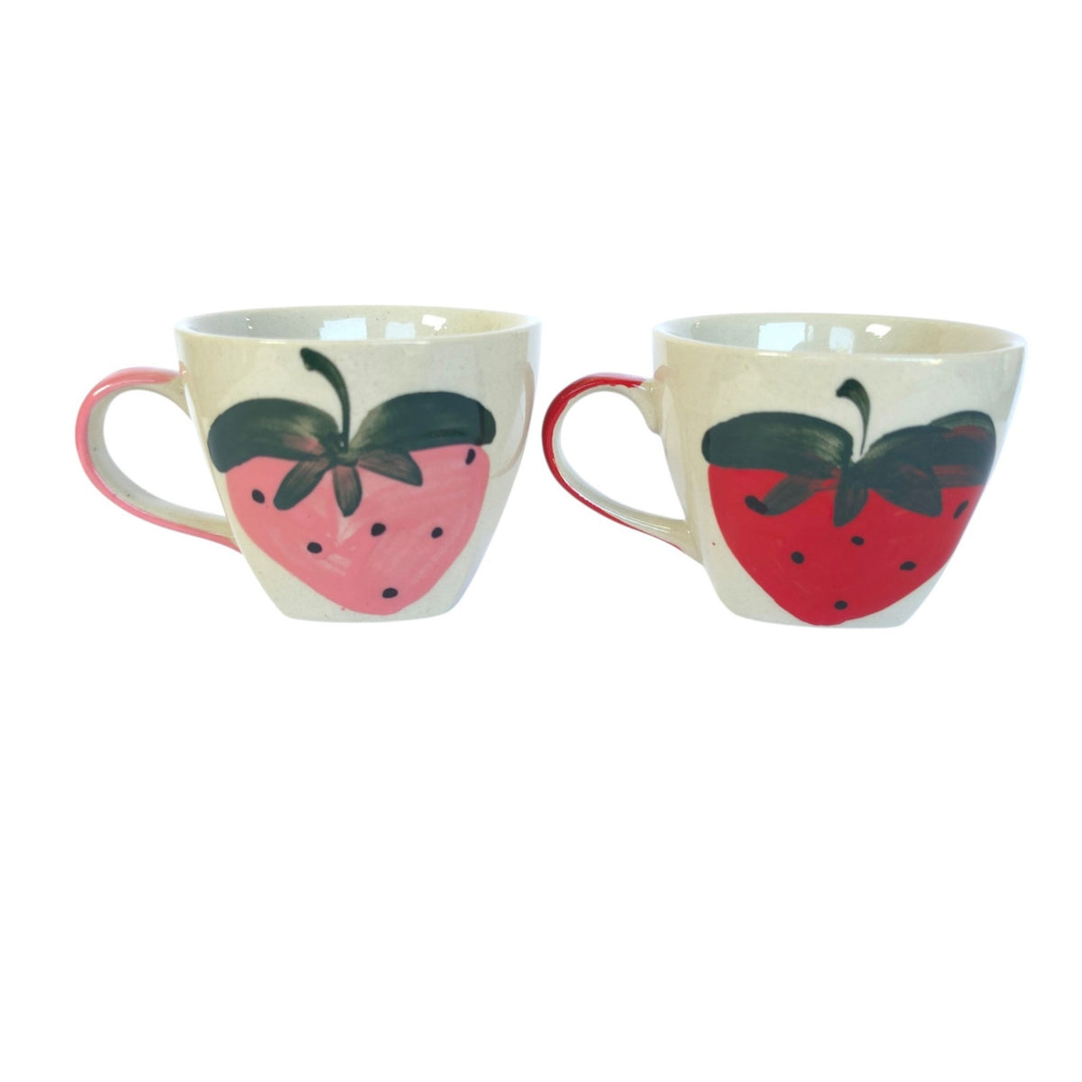 Vintage Hand-Painted Stoneware Strawberry Mugs Set of 2 Cute Art Pottery